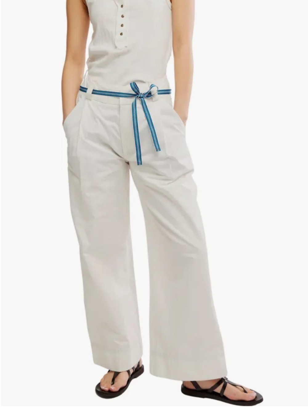 FREE PEOPLE Buckle Belt Cotton Wide Leg Pants - Snow White - 0